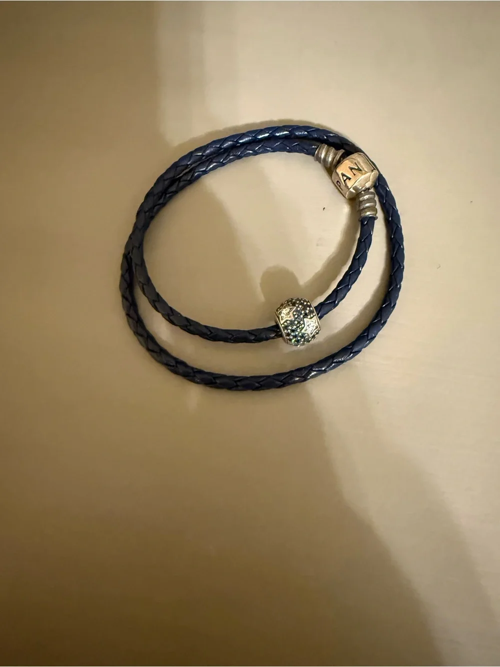 Pandora Follow The Stars Bead 791382CZ Double Navy Blue Leather Bracelet NWOT